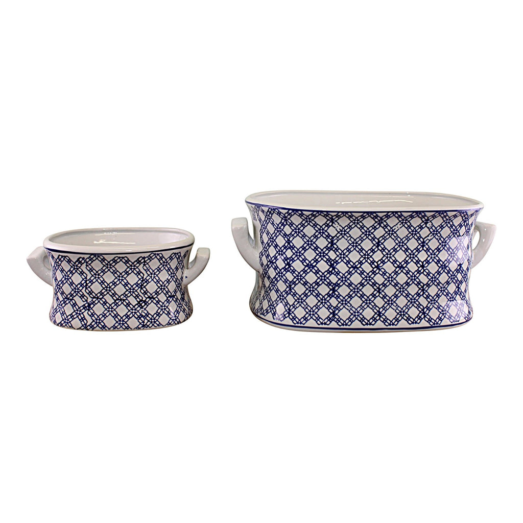Set mit 2 Keramik Pflanztöpfe, Vintage blau und weißem geometrischen Design
