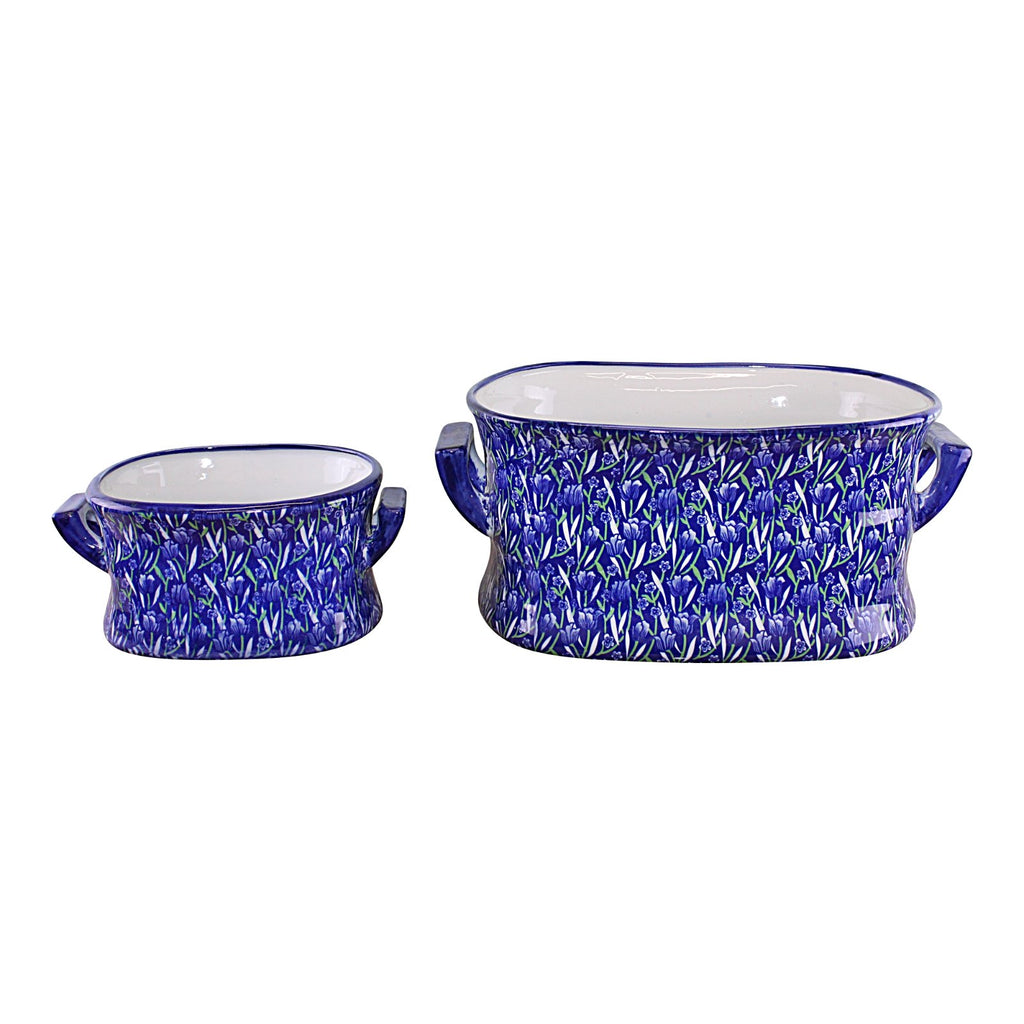 Set mit 2 Keramik Pflanztöpfe, Vintage blau und grün Krokus Design