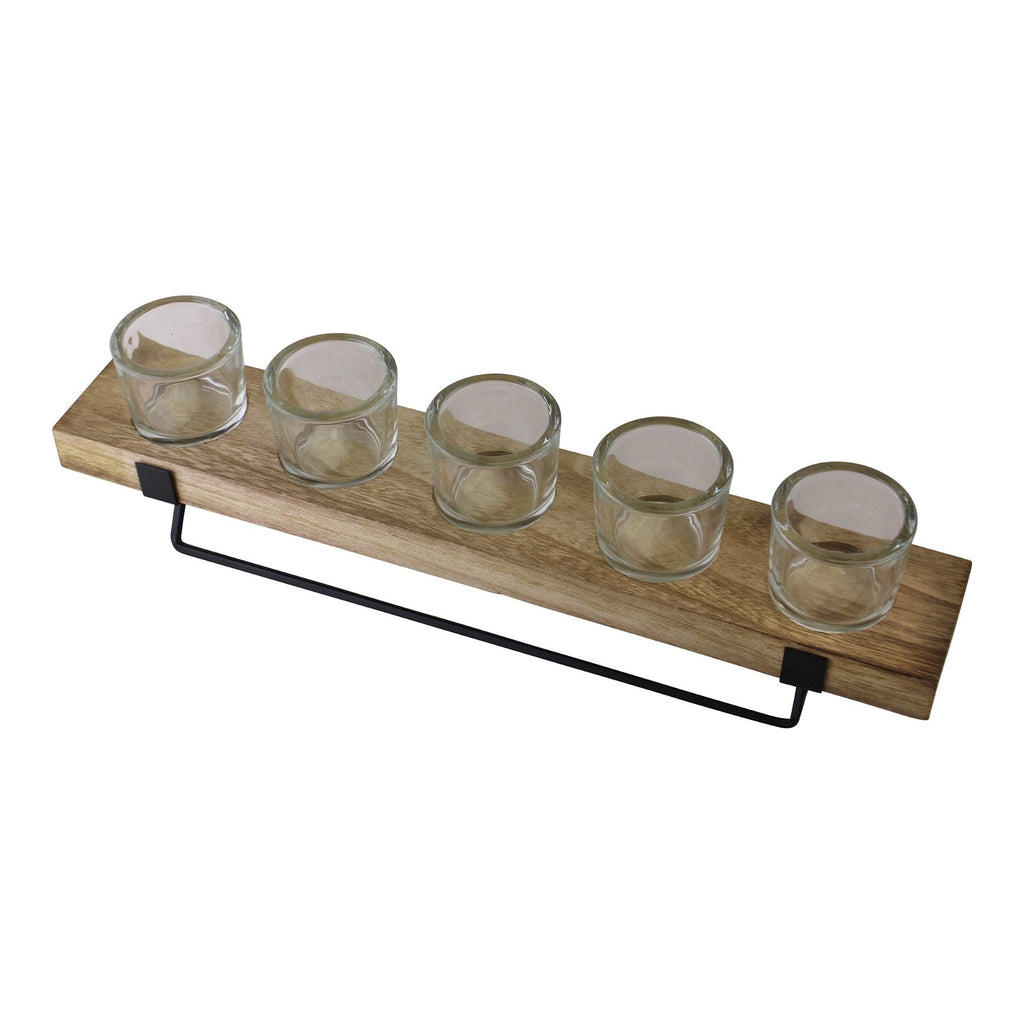 5 Stück Teelichthalter aus Glas, Holz & Metall