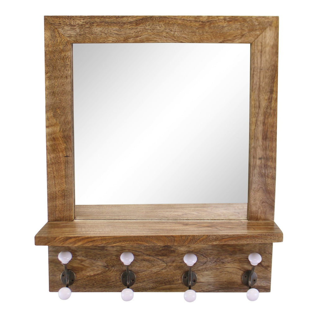 Regal aus Mangoholz mit Spiegel und 4 Doppel-Kleiderhaken