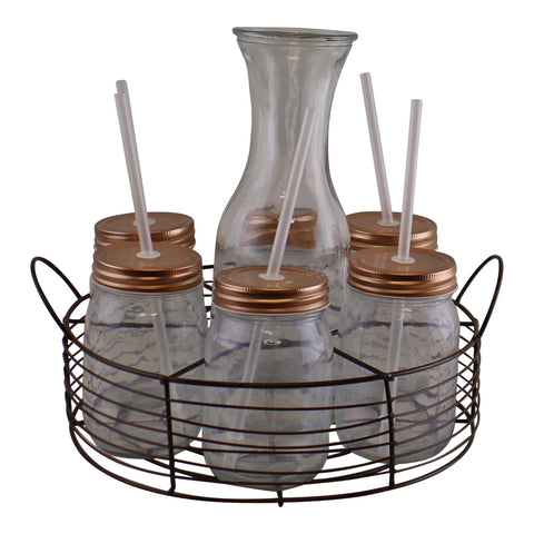 Set bestehend aus 6 Trinkgläser mit Strohhalm und einer Glaskaraffe im Metalltragebehälter