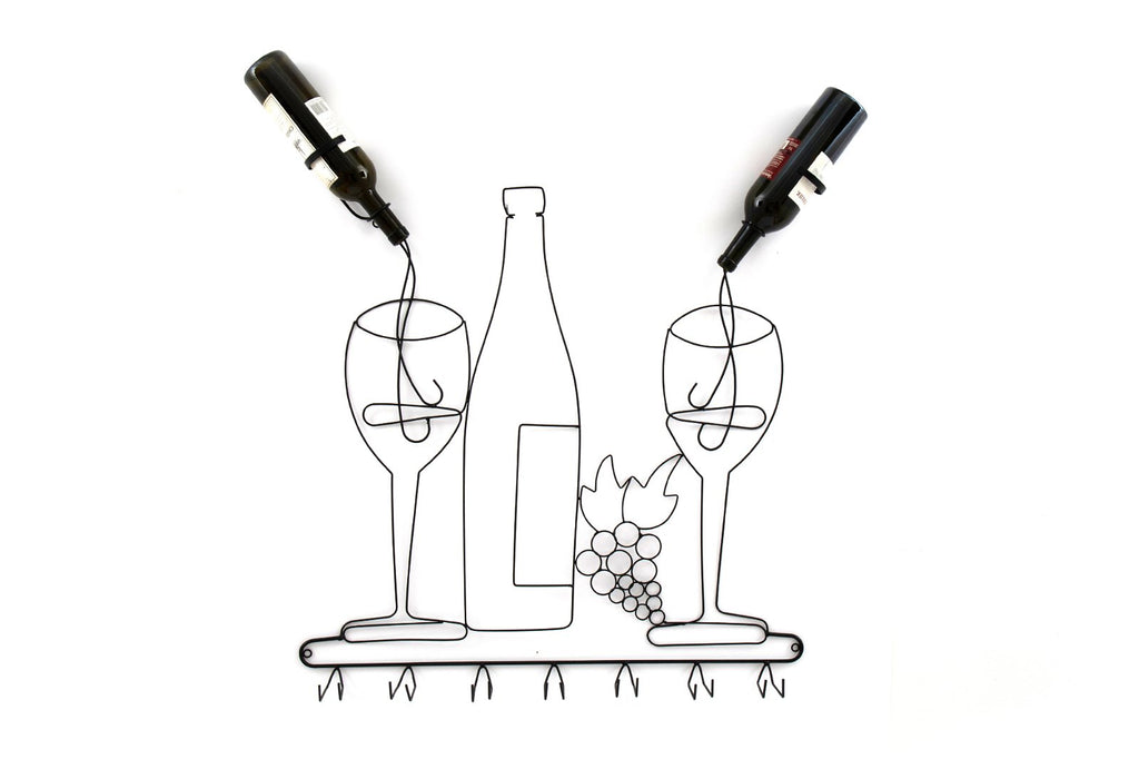 Wandmontierter Weinflaschen- und Glashalter aus schwarzem Draht