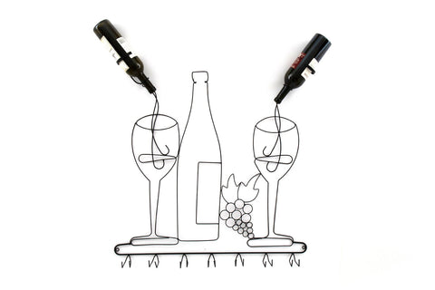 Wandmontierter Weinflaschen- und Glashalter aus schwarzem Draht