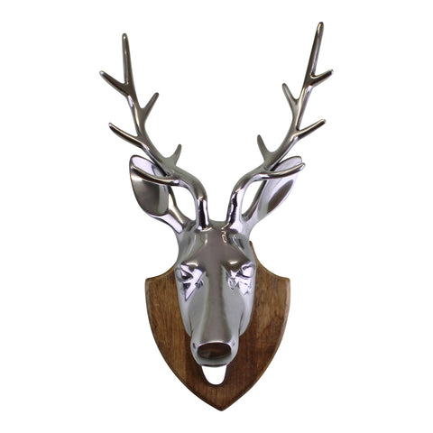 Silber Metall Hirsche Kopf auf Holzhalterung, Wanddekoration