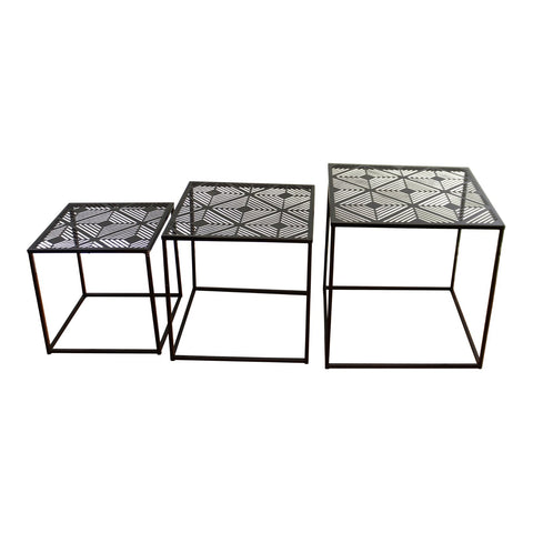 3er-Set Beistelltische aus schwarzem Metall im geometrischem Design