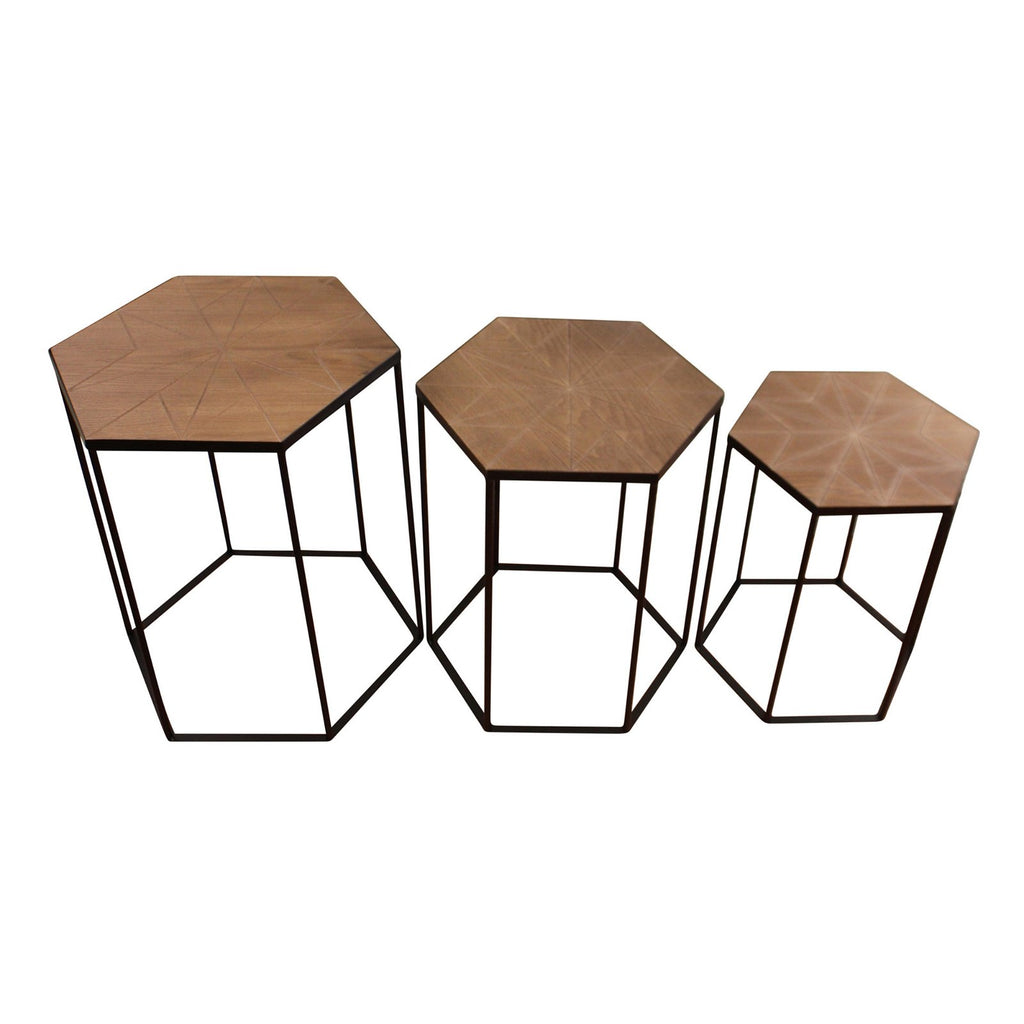 Set bestehend aus 3 sechseckigen Beistelltischen aus schwarzem Metall und Holz