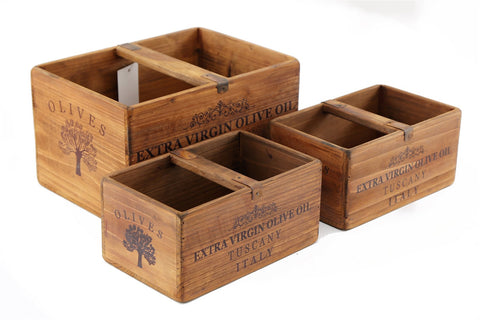 Set bestehend aus drei Holzkisten für Olivenöl
