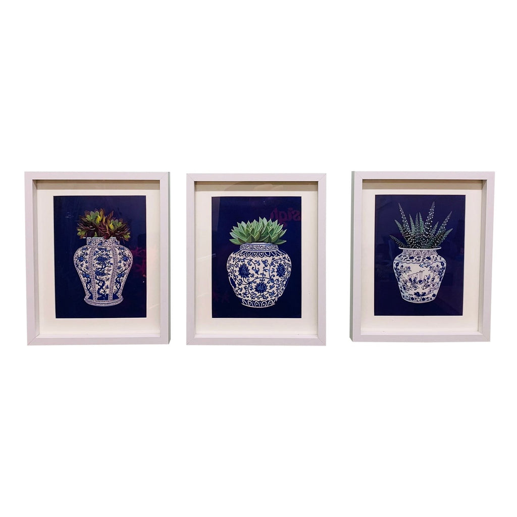 Set bestehend aus 3 Fotorahmen mit Sukkulenten in einer blauen Vase, 25 cm